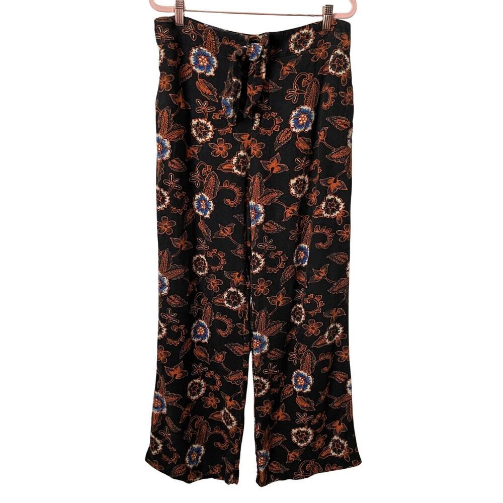 Anthropologie Pants Womens Size 10 Black‎ Floral Linen Blend Wide Leg Boho Retro